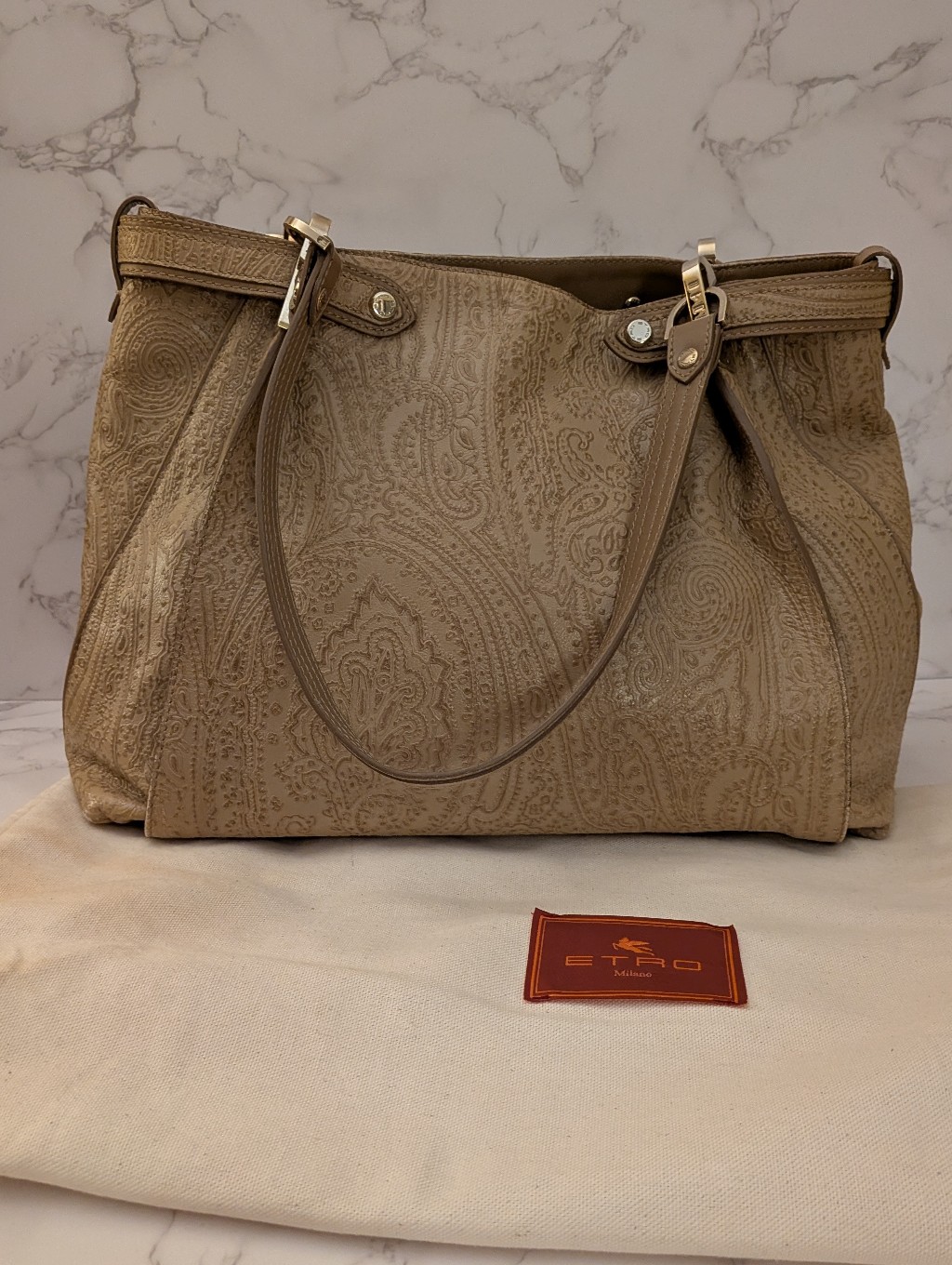 Etro Taupe Paisley-Embossed Leather Shoulder Bag With Dust Bag